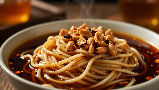 Bowl of steaming Tianshui mian sweet water noodles with roasted peanut