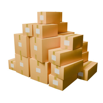 Minimal stylized simple beige cardboard boxes with brown tape. Stacked pile of boxes of sealed goods personal stuff home supplies ready for relocation. Moving day. 3d render isolated transparent