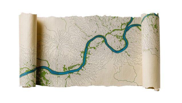 Isolated old scroll map depicting a complex river delta and winding waterways
