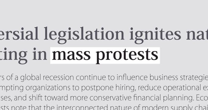 Mass protests crisis, public demonstrations and riots, changing news headlines sequence across media, loop footage