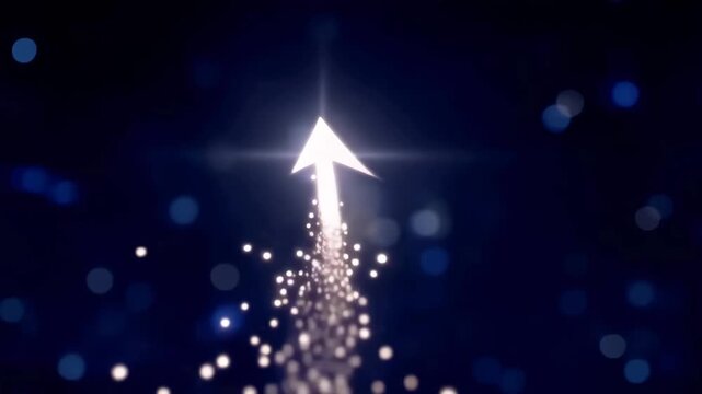 Bright arrow made of particles rising up on dark blue background with glowing lights and bokeh.