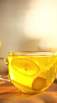 In a clear glass cup, fresh lemon and ginger slices drift together as hot water turns them into bright citrus tea. The early-morning brew glows yellow, inviting a soothing, zesty start to the day