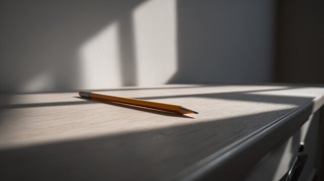 Pencil on a table, with dramatic shadow play. A simple, minimalist shot, focusing on the pencil and the light
