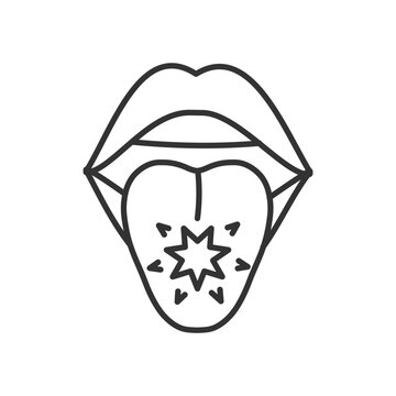 Tongue cancer linear icon. Malignant tumors and sores. Mouth and oral cancer. Abnormal cells growth. Thin line illustration. Contour symbol. Vector outline drawing. Editable stroke. Arial font used