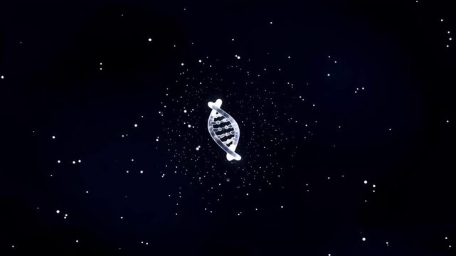 Abstract glowing blue DNA double helix rotating in dark space with digital particles and scientific atmosphere.