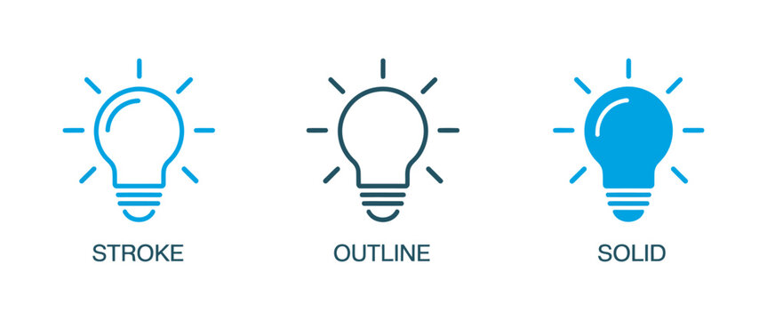 Light bulb icon set, editable stroke outline and solid vector styles idea energy innovation minimal symbol collection