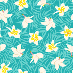 Fototapeta premium Palm leaves and Plumeria seamless pattern. Vector cute tropical Hawaiian flower print on blue palm background. Cute summer flat texture for wrapping, fabric, beach party decor, textile, cover, fashion