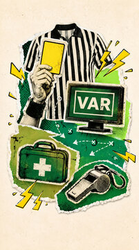 Pop Art Halftone Football Referee Decision Illustration, 2026 Football Tournament, VAR Technology Sports Collage Design, Torn Paper Sticker Style, Vertical bg