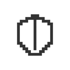 Obraz premium Knight shield pixelated ui icon. Medieval equipment. Protection and security. Editable 8bit graphic element. Outline isolated vector user interface image for web, mobile app. Retro style