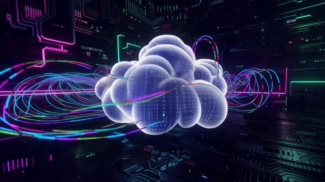Abstract cloud computing data transfer animation with flowing glowing digital lines and futuristic circuit board patterns.