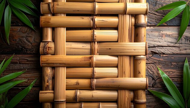 Woven bamboo structure with green leaves on rustic wood background, natural texture and organic pattern