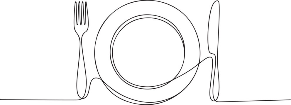 Minimalist table setting, empty plate, utensils, simple line drawing, dining icons, flat design