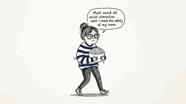 Nervous woman carrying large bowl of popcorn walking quickly to reach safety of her room avoiding social interaction.