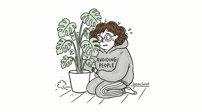 Illustration of woman in hoodie with slogan avoiding people hiding behind plant.