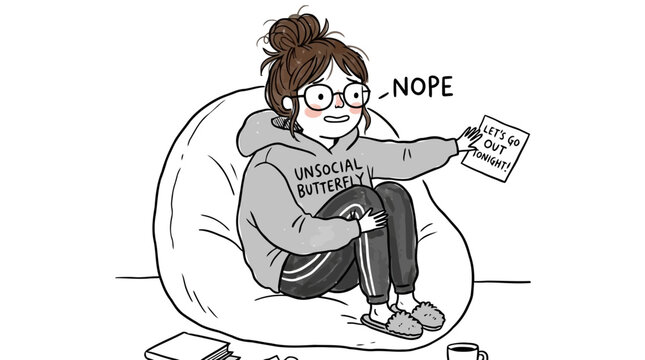Introvert woman holding sign saying nope to going out tonight.