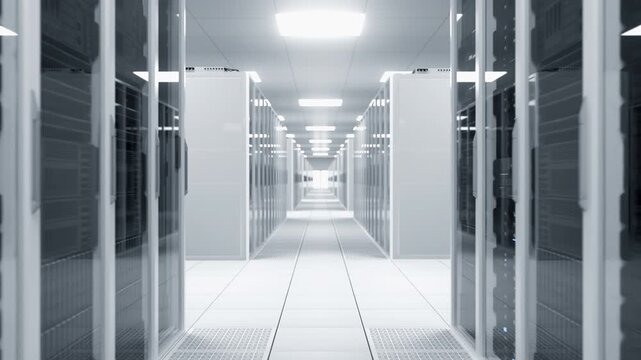 Camera Glides Through a Data Center Aisle Lined With Server Racks and Cabinets for AI Computing, Cloud Storage, Scientific Simulations, Research Analytics, and Secure Enterprise Systems.