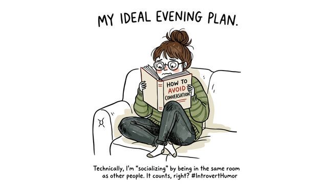 Young woman reading book about avoiding conversation while sitting cross legged on comfortable sofa.