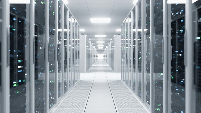  Data Center Corridor Between Server Cabinets, Showing Network Hardware for AI Training, Scientific Modeling, Research Analytics, Cloud Storage, and Cybersecurity. Static Shot