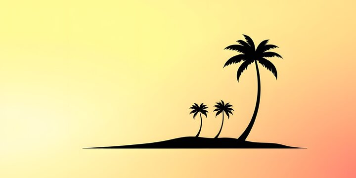 Minimalist tropical island silhouette with black palm trees on a small beach, flat vector style with vibrant pastel gradient background.