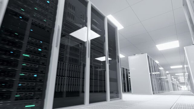 Data Center Server With Compute Rack Mainfraims, AI Neural Workloads, Scientific Research, Scientific Research and Discovery, Digital Twin Modeling, Cloud Analytics. Low Angle Moving Shot