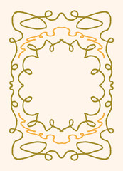 Fototapeta premium Ornate green and yellow Frame with hand drawn leafy loops, abstract floral Border and blank center. Greeting card, Invitation, Template, Wallpaper design, isolated Flat Vector Illustration.