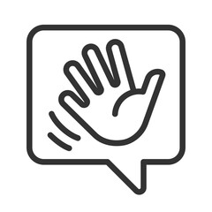 Obraz premium Saying hello pixel perfect linear icon. Greeting chat bubble with waving hand. Communication on social media. Thin line illustration. Contour symbol. Vector outline drawing. Editable stroke