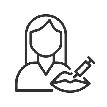 Cosmetic services pixel perfect linear icon. Aesthetic medicine service. Lip injection to add volume. Cosmetologist. Thin line illustration. Contour symbol. Vector outline drawing. Editable stroke