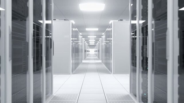 Moving Shot in White Data Center Aisle as Lights Turn on Server Racks With Indicators. AI Activation, Data Generation, Cybersecurity Cyber Defense, Ethical Encrypted Backup.