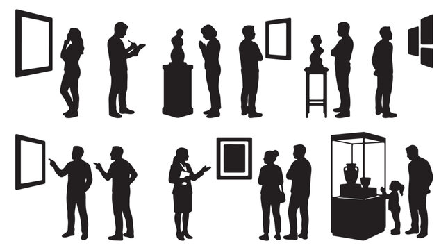 Comprehensive set of black silhouettes depicting art gallery visitors and museum patrons in various poses like viewing paintings, sketching, guided tours, family visits, and admiring sculptures.