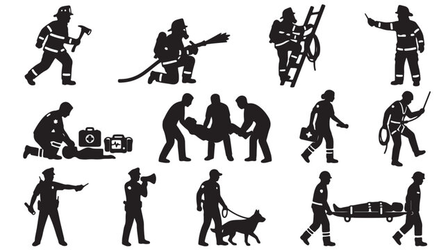 A comprehensive set of black silhouette figures depicting emergency first responders including firefighters, paramedics, and police officers in various professional action poses and rescue missions.