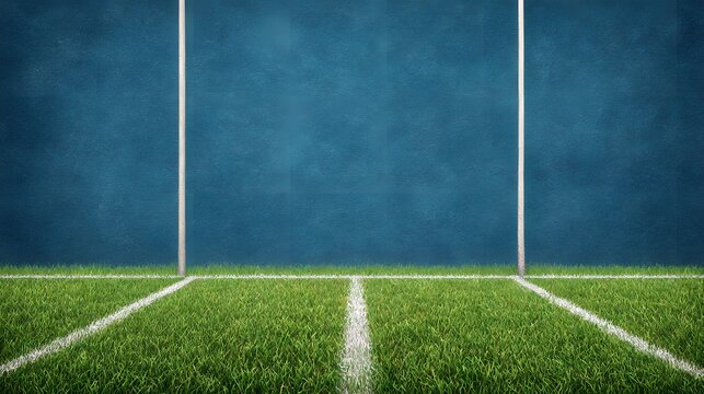 Sports field lines and goalposts against blue textured wall and green grass.