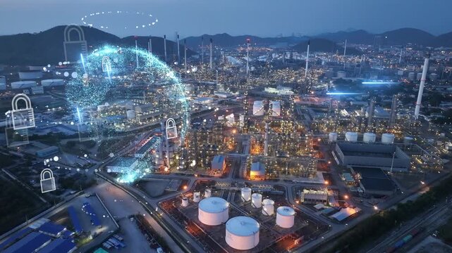 Glowing digital globe and security padlocks overlaid on a massive industrial petrochemical plant at night. Global cybersecurity, industrial data protection, and smart factory network defense.