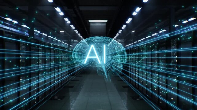 Information Flows from Data Center Server Racks to Holographic AI Brain. Routes Blue Data Streams, Neural Processing for Big Data, Predictive Analytics, Automation, Cybersecurity and Cloud Computing.