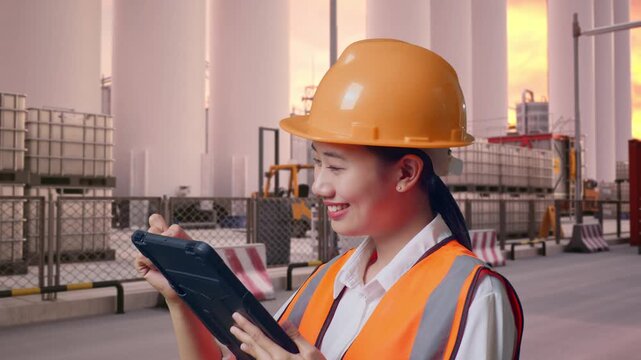 Close Up Side View Of Asian Female Engineer With Safety Helmet Taking Note On The Tablet And Looking Around While Standing at Storage Facility with IBC Totes, Large Silos at Sunset
