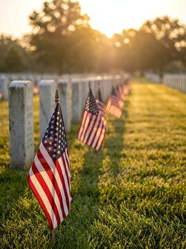 Row of American flags by gravestones in a cemetery at sunset, creating a solemn, respectful scene.