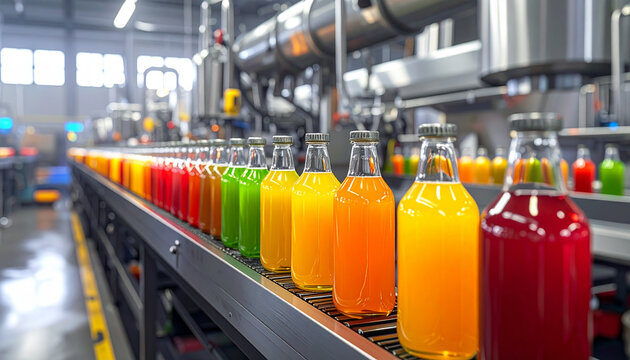 Colorful Juice Bottles on Factory Line

