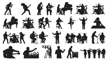 Comprehensive black silhouette set of diverse musical performers including singers, guitarists, drummers, pianists, violinists, conductors, and stage crew high quality professional detailed modern © Ai