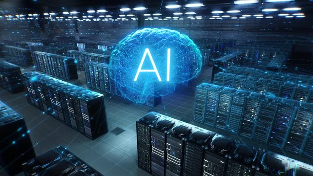 Data Center Rack Rows as a Neon AI Brain Maps Packet Flow, Neural Links and Compute Layers for Inference, Analytics, Automation, Cybersecurity and Cloud Orchestration.