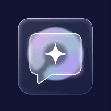 Chat bubble icon with a sparkling star inside, representing positive communication and bright ideas, presented in a modern, glossy style on a dark background
