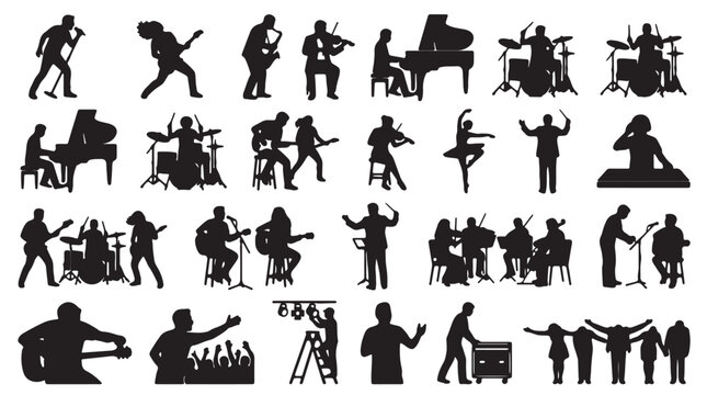 Comprehensive black silhouette set of diverse musical performers including singers, guitarists, drummers, pianists, violinists, conductors, and stage crew high quality professional detailed modern