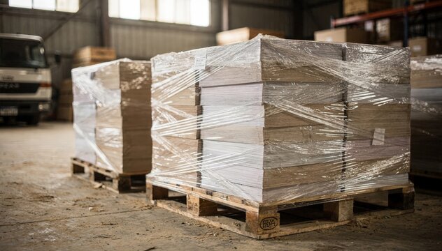 Medium view of rural delivery directories stacked and shrinkwrapped on pallets focused trucks and crates in the back blurred for depth.