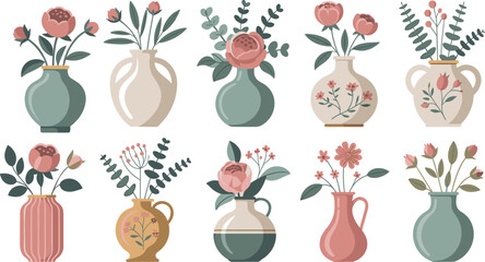 Elegant flat vector illustration set of various blooming flowers in colorful glass vases and bottles isolated on white background for interior decoration and botanical greeting card design. © MDALAMGIR