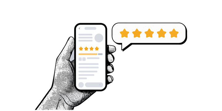 person using a smartphone to leave a 5-star online review, symbolizing customer satisfaction, halftone collage, Creative 5-star rating concept with a modern digital touch. online reviews, customer fee
