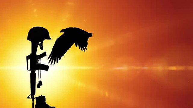 Silhouette eagle flies across glowing sunset sky beside military memorial rifle helmet and boots, wings slowly moving in cinematic tribute scene symbolizing honor sacrifice freedom and remembrance.
