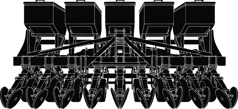 Agricultural planter machine for farming seeding row crop planting equipment mechanical industrial vehicle silhouette.