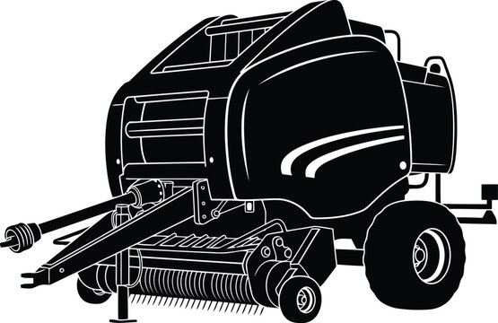 Agricultural round baler on transparent background farming machine for hay and straw collection and compaction.