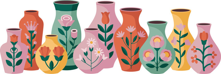 Elegant flat vector illustration set of various blooming flowers in colorful glass vases and bottles isolated on white background for interior decoration and botanical greeting card design. © MDALAMGIR