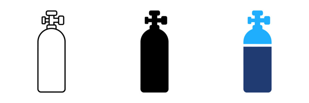 Gas cylinder vector icons in outline, silhouette, and color styles. Representing oxygen supply, industrial gas storage, and medical breathing support