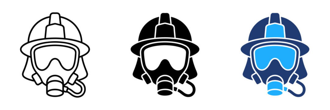 Firefighter helmet and gas mask vector icon set. Representing emergency response, fire safety equipment, and hazardous material protection