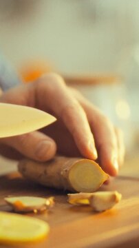 In a sunlit kitchen, a chef's skilled hands chop fresh ginger root on a wooden cutting board, surrounded by essential kitchen utensils and lemons, releasing the aromatic spice's pungent scent